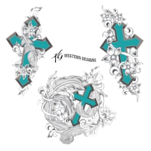 May include: Three teal crosses with intricate floral designs. The crosses are surrounded by grey and white floral patterns.