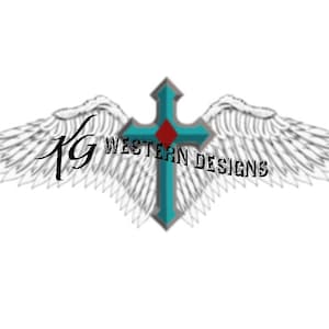 May include: A logo with a turquoise cross and red centre, set between white wings. The text "KG WESTERN DESIGNS" is in black, with the initials "KG" in a stylized script.