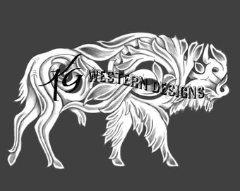 Wild Buffalo Shape Design Floral Filigree Carving Leather Tooling Tracing Pattern