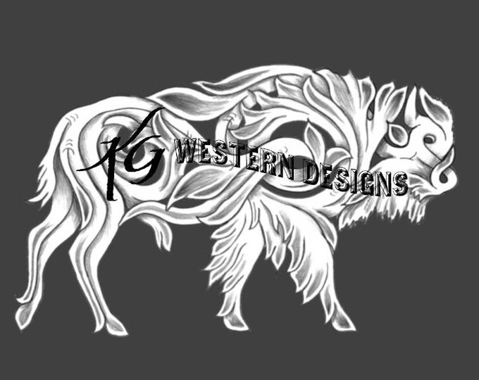 Wild Buffalo Shape Design Floral Filigree Carving Leather Tooling Tracing Pattern