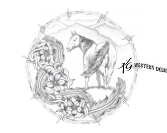 Leather Tooling -Western Horse and Mountains Scene - Feathers-Flowers-Vines- Rope Can- Round Purse Design Carving Tracing Pattern