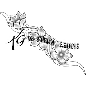 May include: A monochrome floral design featuring the text "Western Designs". The image shows three flowers with detailed petals and flowing lines. The initials "KG" are also included in the design.
