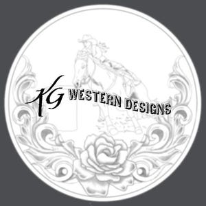 May include: Black and white line art design of a horse and rider with a rose and scrollwork. The text "KG WESTERN DESIGNS" is included in the design.