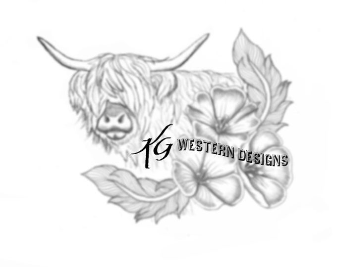 Highland Cow- Feathers-Lewis Flax Flowers Western Design Carving Leather Tooling Tracing Pattern