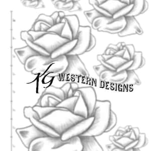 May include: A black and white line drawing of six roses. The roses are drawn in a realistic style with detailed petals and leaves. The image is titled "Western Designs".