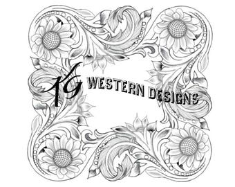 Leather Tooling Western Sunflower-Feather-Vines Square Frame Carving Tracing PDF Pattern