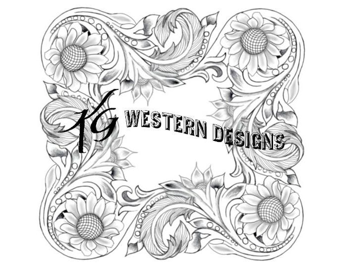 Leather Tooling Western Sunflower-Feather-Vines Square Frame Carving Tracing PDF Pattern
