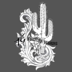 May include: Black and white line art illustration of a cactus with intricate floral details. The design includes the text "KG WESTERN DESIGNS".