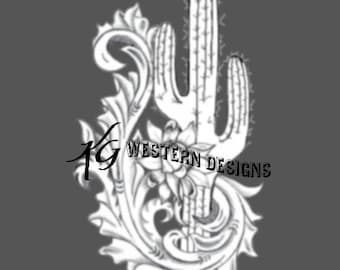 Southwest Desert Cactus Design- Western Scrollwork- Leather Carving Tracing Tooling Pattern
