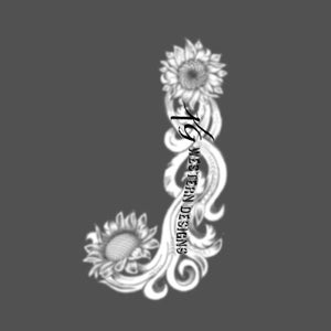 Könnte beinhalten: Ein schwarz-weißes Design einer stilisierten Sonnenblume mit filigranen floralen Details. Das Design erinnert an ein traditionelles Western-Motiv.