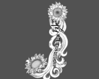 Letter J - Leather Tooling- Feathers-Vines & Sunflowers Filigree Tracing Design Pattern