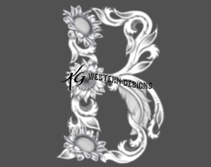 Letter B - Leather Tooling- Feathers-Vines & Sunflowers Filigree Tracing Design Pattern