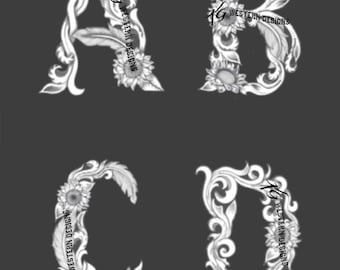 Full Alphabet Pack- Western Filigree Design - Leather Tooling- Feathers-Vines & Sunflowers Tracing Patterns