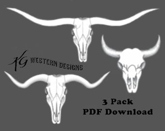 3 Pack Cowskulls Western Longhorns Design Carving Leather Tooling Tracing Pattern PDF Download