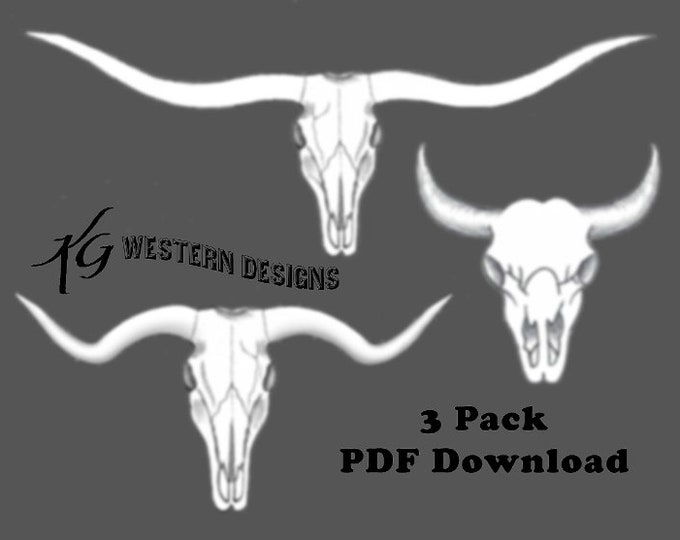 3 Pack Cowskulls Western Longhorns Design Carving Leather Tooling Tracing Pattern PDF Download
