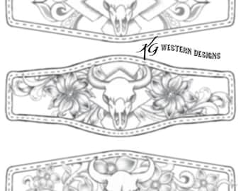 3 Western Cowskulls with Flowers and Southwestern, Aztec Design Leather Tooling Bracelet Cuff Tracing Pattern Pack Download