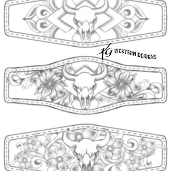 3 Western Cowskulls with Flowers and Southwestern, Aztec Design Leather Tooling Bracelet Cuff Tracing Pattern Pack Download