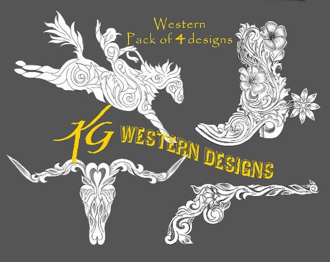 4 Western Filigree Design Bundle Pack, Bucking horse, Colt 45, Cow skull, Western Boot, Carving Leather Tooling Tracing Patterns PDF