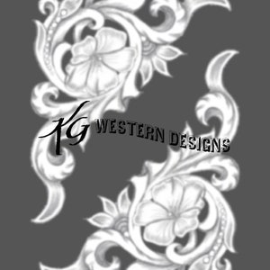 May include: A black and white illustration of two floral designs with a stylized flower in the center of each design. The text "KG WESTERN DESIGNS" is in the center of the image.