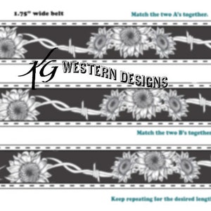 May include: A black and white design for a 1.75 inch wide belt featuring a repeating pattern of sunflowers and barbed wire. The instructions say to match the two A's together, then the two B's together, and repeat for the desired length of the belt.
