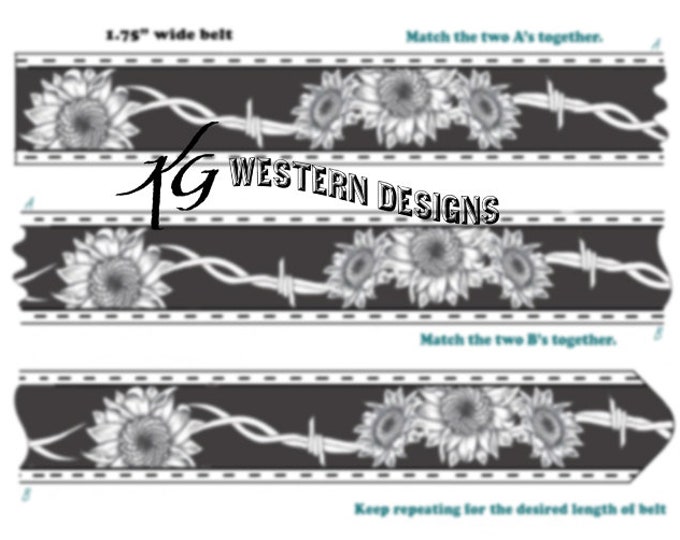 Leather Tooling Belt Pattern -Sunflowers and Barbwire- Strap Design Pattern Download