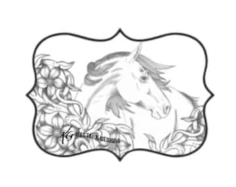 Horse Portrait Flowers and Vines Western Design Carving DIY Leather Tooling Tracing Pattern