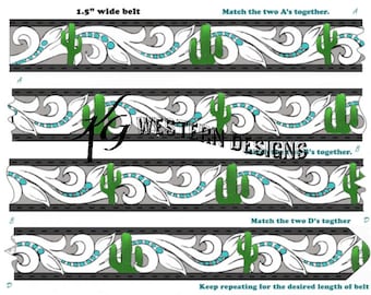Cactus, Vines and Scrolls, Leather Belt Tooling Pattern Design 3 Sizes PDF Download