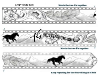 Leather Belt Pattern -Mountain Scene with Horse -Western Scrolls, Feathers Flowers and Vines- Tooling Design Pattern Download