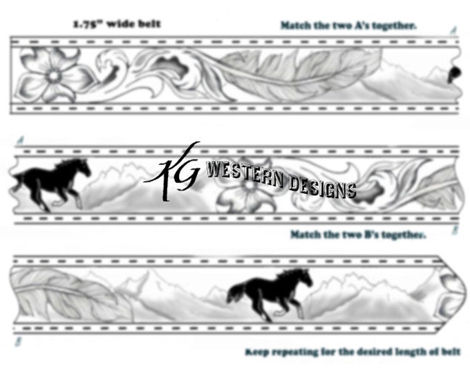 Leather Belt Pattern -Mountain Scene with Horse -Western Scrolls, Feathers Flowers and Vines- Tooling Design Pattern Download