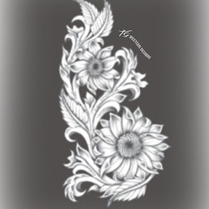 May include: A black and white line drawing of a floral design with two sunflowers. The design is intricate and detailed, with swirling leaves and stems. The text "TG Western Designs" is in the upper right corner of the image.