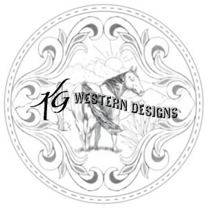 May include: Black and white illustration of a horse in a circular frame with a decorative floral design. The text "KG WESTERN DESIGNS" is visible in the image.