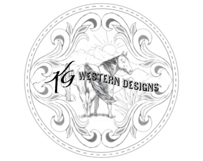 Southwest Desert Mountain Standing Horse Sunset Scene - Western Scrollwork Tracing Design Pattern
