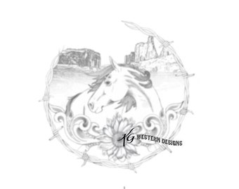 Western Wild Horse-Desert Scene- Sunflower and Vines Round Rope Can Purse Design Carving DIY Leather Tooling Tracing Pattern