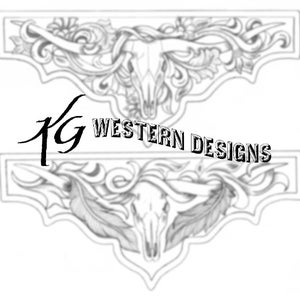 2 Western-Longhorn Cow Skull-Vines-Feathers- Leather Tooling Tracing Corner Design Pattern Design PDF