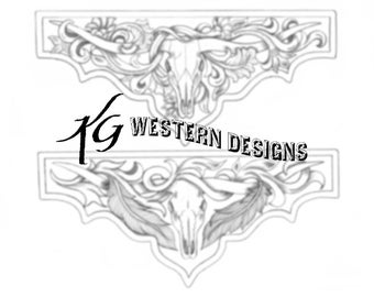 2 Western-Longhorn Cow Skull-Vines-Feathers- Leather Tooling Tracing Corner Design Pattern Design PDF