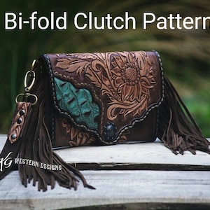 Modello PDF per portafoglio in pelle lavorato - Pochette a due ante con frange e inserti + modello con due design di lavorazione.