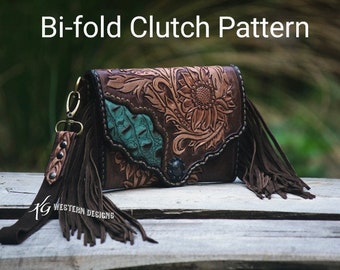 Leather Tooled Wallet Pattern PDF- Bi-fold Clutch With Fringe and Inlay + Pattern Template With Two Tooling Designs.