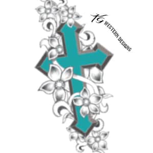 May include: A teal blue cross with a floral design. The cross is surrounded by white flowers with grey stems and leaves. The text "TG WESTERN DESIGNS" is in the top right corner of the image.