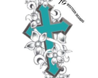 Western Cross Intertwined in Flowers and Vines Leather Tooling Design Pattern