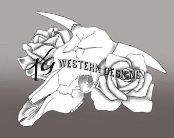 Bull Skull and Roses Western Design Carving Leather Tooling Tracing Pattern PDF