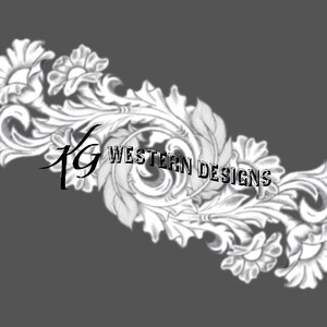 May include: A white, intricate floral design with a scrollwork pattern. The design features two large flowers on each side and a central scroll. The text "1G WESTERN DESIGNS" is visible in the center of the design.