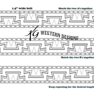May include: A black and white line drawing showing how to create a 1.5 inch wide belt with a geometric pattern. The instructions include matching the two A's together, matching the two B's together, and repeating the pattern for the desired length of the belt.