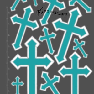 May include: A set of 11 teal blue cross shapes with white outlines. The crosses are of varying sizes and are arranged in a random pattern.
