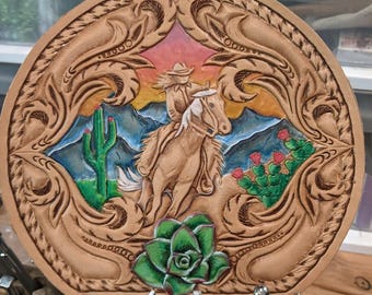 Desert Cactus Mountain Scene-Sunset/Sunset- Cowgirl & Horse - Western Scrollwork Carving Tooling Tracing Design Pattern PDF