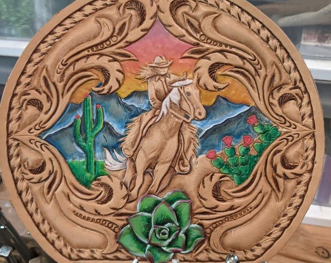 Desert Cactus Mountain Scene-Sunset/Sunset- Cowgirl & Horse - Western Scrollwork Carving Tooling Tracing Design Pattern PDF