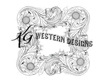 Leather Tooling Western Sunflower-Feather-Vines Square Frame Carving Tracing PDF Pattern