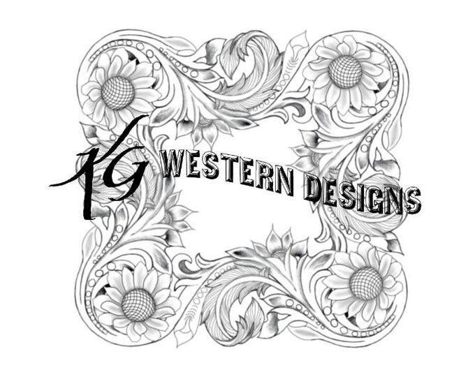 Leather Tooling Western Sunflower-Feather-Vines Square Frame Carving Tracing PDF Pattern