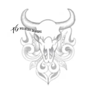 May include: A black and white line drawing of a bull skull with ornate floral designs around it. The text "1G WESTERN DESIGNS" is in the top left corner of the image.