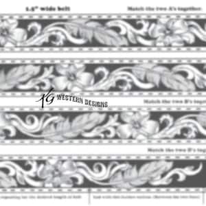 Leather Belt Tooling Pattern -Flowers + Feathers Design #8 Digital Pattern Download