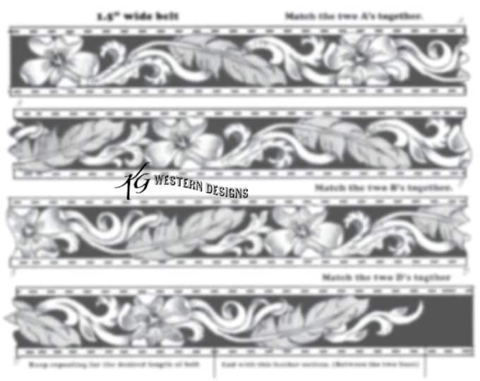 Leather Belt Tooling Pattern -Flowers + Feathers Design #8 Digital Pattern Download